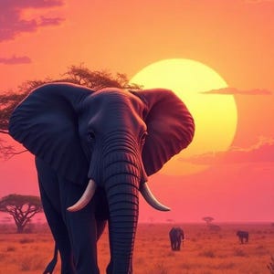 Può includere: Illustrazione digitale di un elefante africano con grandi zanne, ambientata in un vibrante tramonto. Il cielo passa dall'arancione al rosa, con un grande sole e alberi in silhouette. L'elefante è in un campo erboso.