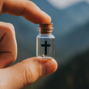 May include: A small, clear glass bottle with a cork stopper, held between fingers. The bottle contains a black cross and a tiny mustard seed. The background features a blurred view of mountains.