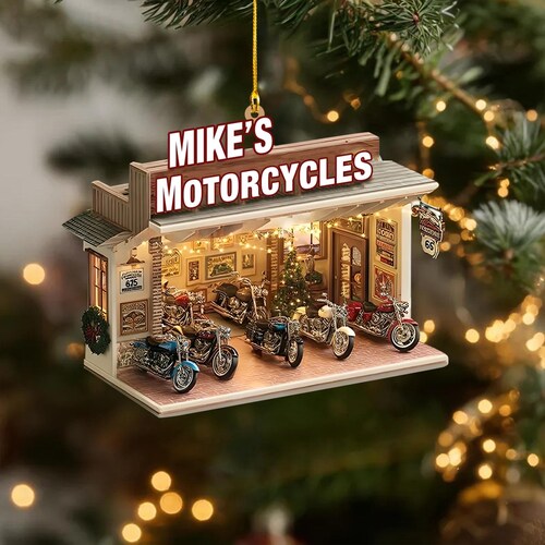 Personalized 2D FLAT (NOT 3D) Acrylic Motorcycle Shop Ornament, Custom Biker Garage Christmas Decor, Motorcycle Lover Gift for Men