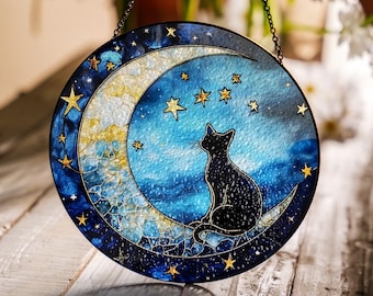 天空の黒猫のステンドグラス - 三日月と花の夜空を飾ったユニークな窓