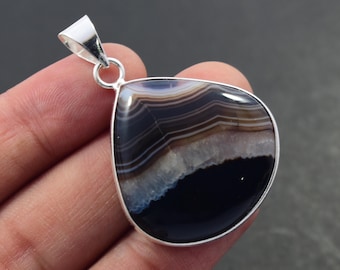 Black Banded Agate Gemstone Pendant, Sterling Silver Necklace Crystal Gemstone Bezel Jewelry Wedding Gift