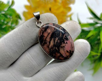 Pink Rhodonite Gemstone Pendant: Sterling Silver Boho Necklace
