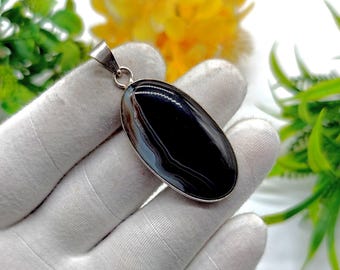 Handmade Black Banded Agate Sterling Silver Pendant - Statement Jewelry