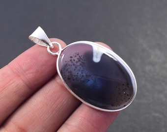 Natural Dendrite Agate Opal Pendant, Sterling Silver Plated Gemstone Jewelry