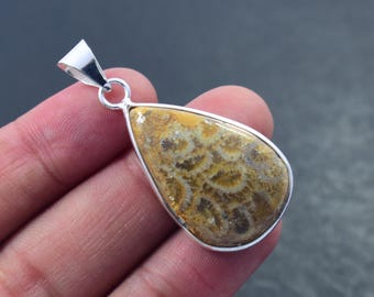 Natural Yellow Fossil Coral Gemstone Jewelry , Sterling Silver Pendant, Bezel Pendant Pear Shape Necklace