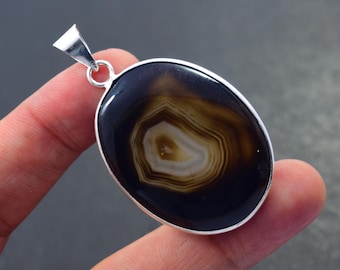 Natural Black Banded Agate Gemstone Pendant Sterling Silver Handmade Statement Pendant Bezel Jewelry