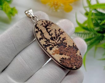 Natural Dendritic Psilomelane Gemstone Pendant: Oval Sterling Silver Jewelry
