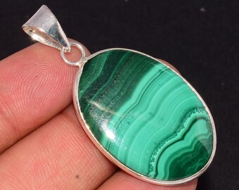 Malachite Gemstone Pendant, 925 Sterling Silver Pendant, Oval Shape Bezel Jewelry Birthday Gift