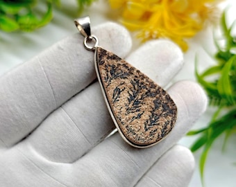Psilomelane Dendrite Cabochon Pendant: Sterling Silver Bohemian Necklace