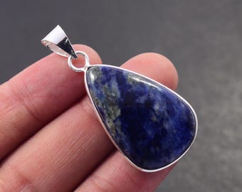 Natural Blue Sodalite Pear Shape Pendant: Sterling Silver Bezel, Handmade Gemstone Necklace