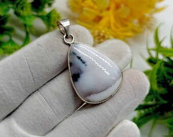 Dendrite Agate & Opal Sterling Silver Pendant - White Stone Necklace
