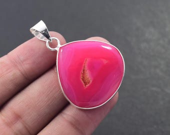 Natural Pink Banded Agate Druzy Pear Pendant, Sterling Silver Bezel Necklace