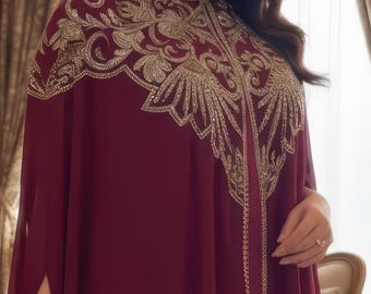 Luxury Burgundy Abaya Dress with Silver Embroidery | Elegant Kaftan for Eid, Ramadan & Wedding Guest Outfit
