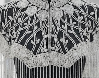 Luxury Women’s Pearl White & Silver Beaded Fringe Cape Capelet – High Collar, Floral Embroidery, Long Fringe, Wedding And Evening Cover Up