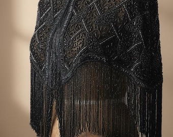 Luxus Damen schwarze Perlen Fransen Cape / Capelet - Geometrische Stickerei, Rundhalsausschnitt, lange Fransen, Hochzeit & Abend Abdeckung, Einheitsgröße