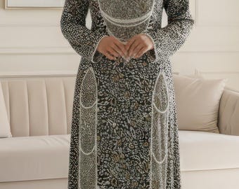Black and Gold Silk Abaya Kaftan Dress, Embroidered Evening Gown for Eid, Ramadan, Weddings
