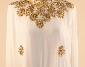 Luxury White Abaya Dress With Gold Embroidery, Elegant Kaftan Gown, Modest Evening Dress, Ramadan Eid Outfit, Wedding Guest Dress
