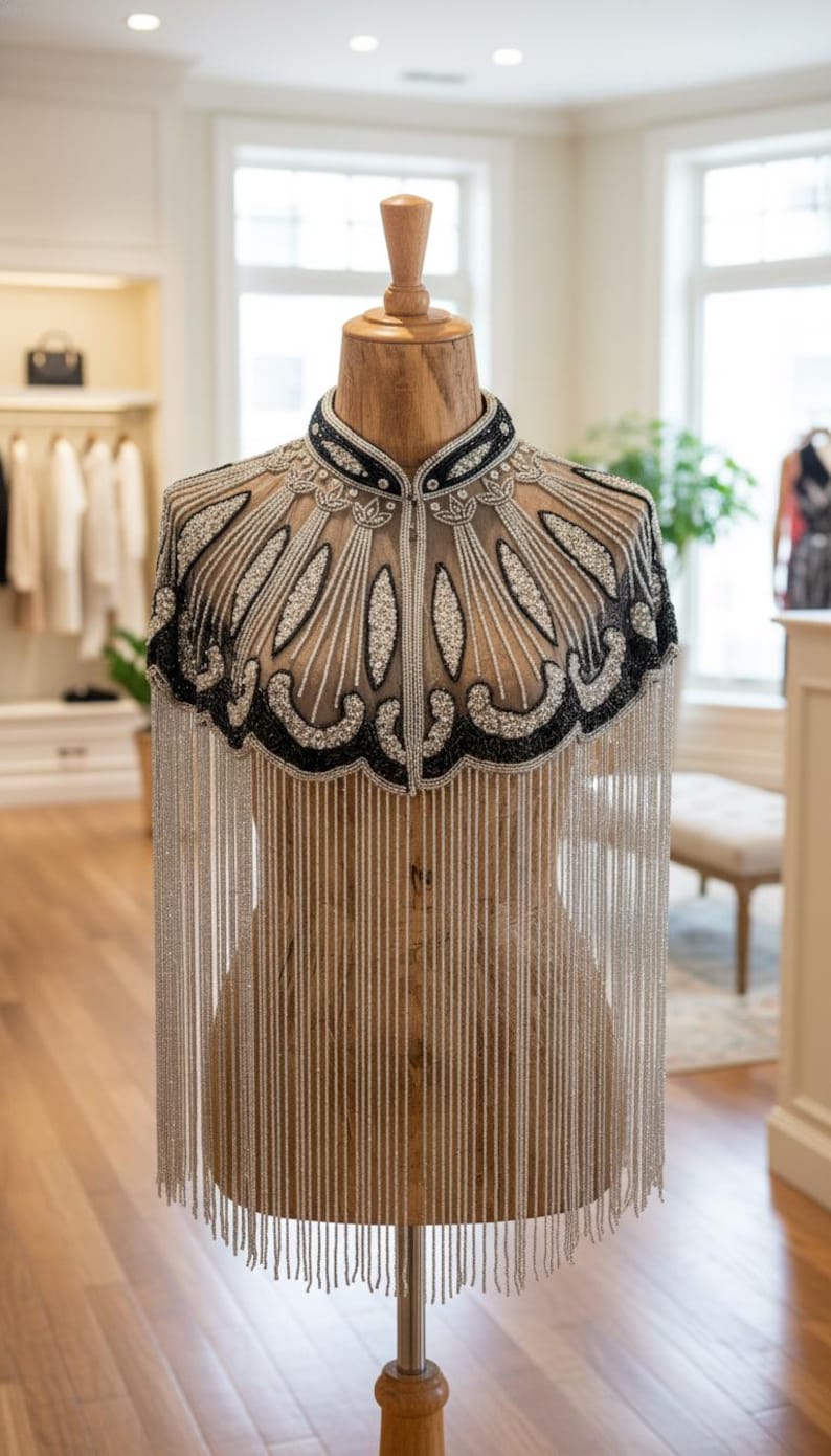 May include: A beaded cape on a wooden mannequin. The cape features a black collar and a detailed design with silver and white beads. Long silver fringe hangs from the bottom. The mannequin is on a metal stand in a well-lit room.