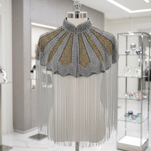 Black Beaded Cape – Art Deco Fan, High Collar, Wedding Cover-Up Silver Gold