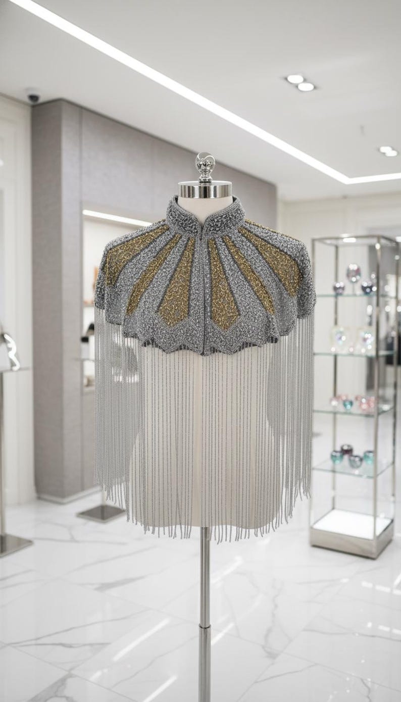 Black Beaded Cape – Art Deco Fan, High Collar, Wedding Cover-Up Silver Gold