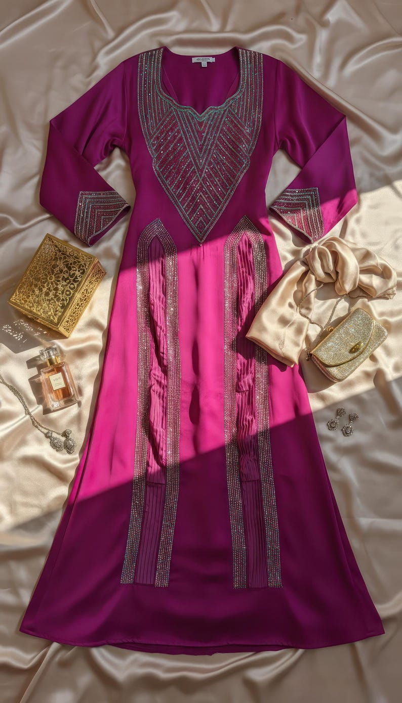 May include: A magenta-colored formal dress with long sleeves and intricate silver beaded embellishments. The dress features a V-neck design and vertical beaded stripes. Accessories include a gold clutch, scarf, and jewelry.