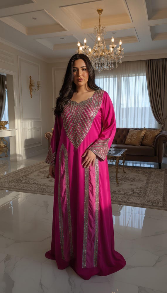 Fuchsia Silk Kaftan Dress, Embroidered Abaya Style Gown, Modest Evening Dress for Eid, Ramadan, Weddings