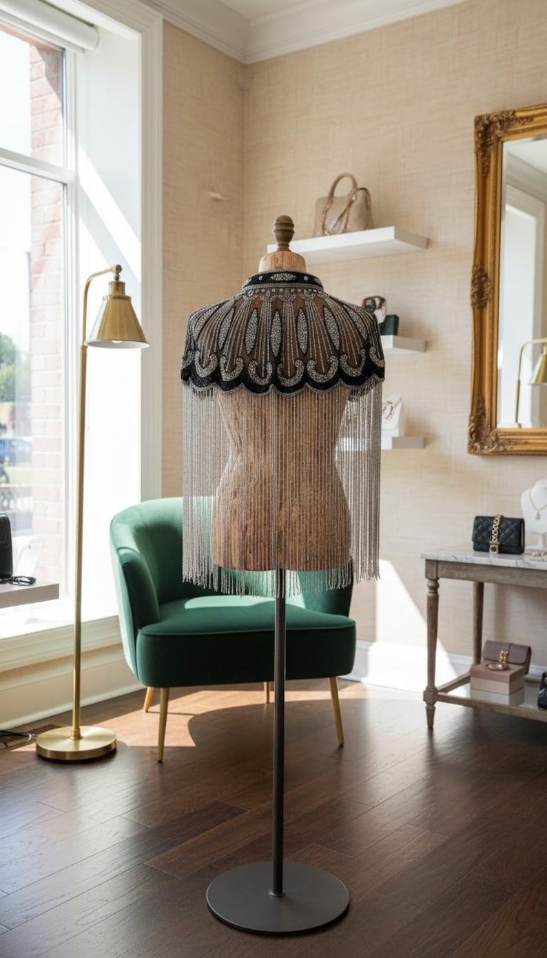 May include: A beaded cape with a black and silver design is displayed on a dress form. The cape features a scalloped edge and long, dangling silver fringe. The dress form is on a metal stand in a room with a green chair and gold lamp.