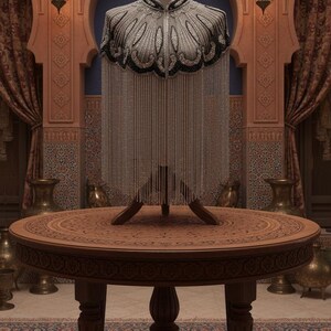 May include: A decorative garment on a mannequin, featuring intricate silver and black beadwork. The garment is adorned with long, flowing silver strands. It is displayed on a wooden table in a room with Middle Eastern architectural elements.