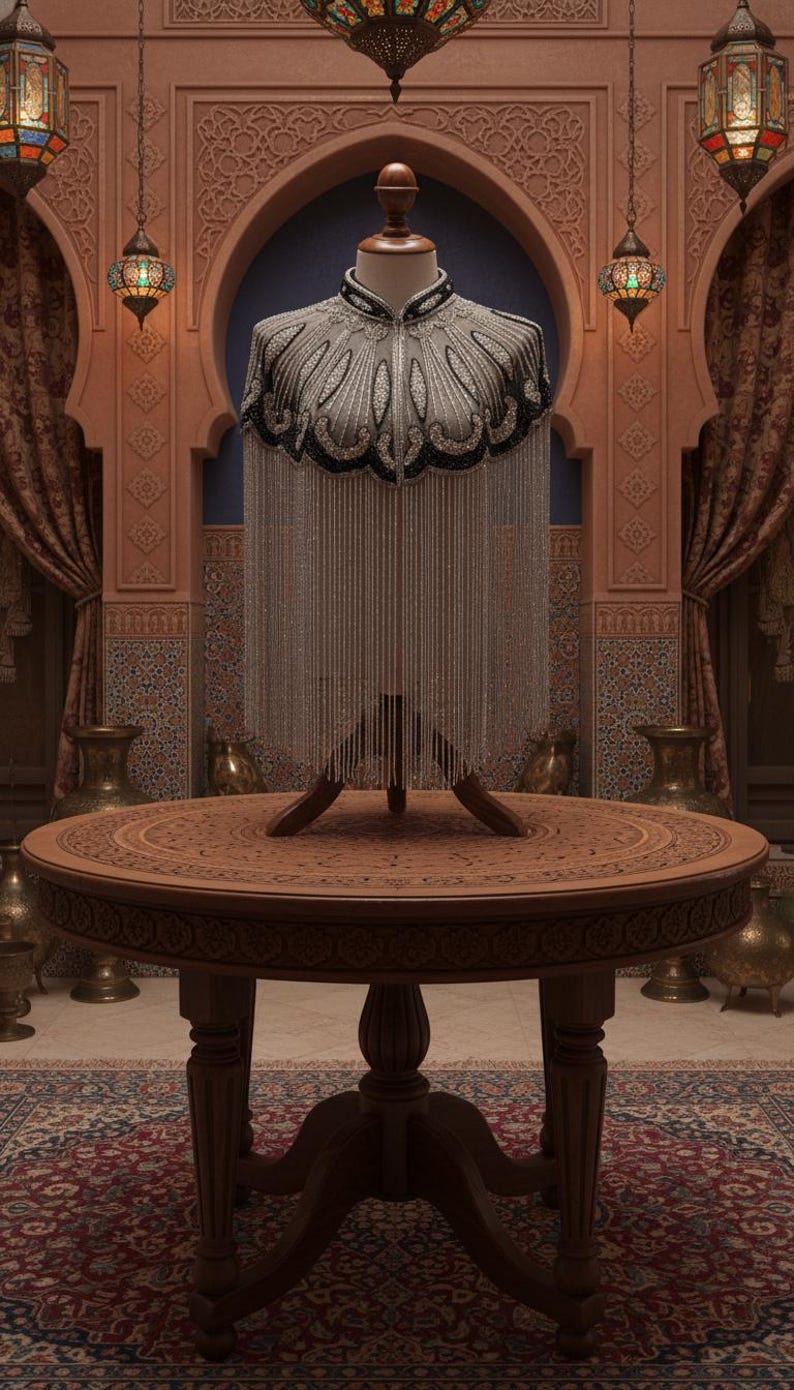 May include: A decorative garment on a mannequin, featuring intricate silver and black beadwork. The garment is adorned with long, flowing silver strands. It is displayed on a wooden table in a room with Middle Eastern architectural elements.