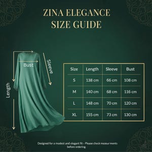 May include: A teal-colored dress with long sleeves and a detailed neckline. The image includes a size guide with measurements in centimeters for length, sleeve, and bust. The text "ZINA ELEGANCE SIZE GUIDE" is at the top.