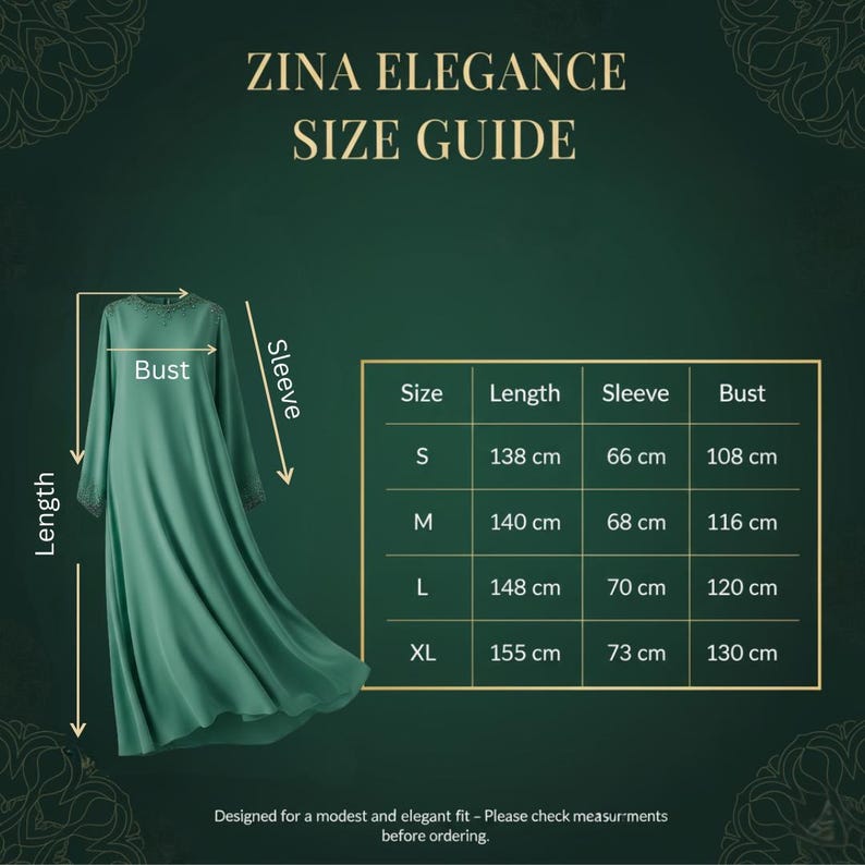 May include: A teal-colored dress with long sleeves and a detailed neckline. The image includes a size guide with measurements in centimeters for length, sleeve, and bust. The text "ZINA ELEGANCE SIZE GUIDE" is at the top.