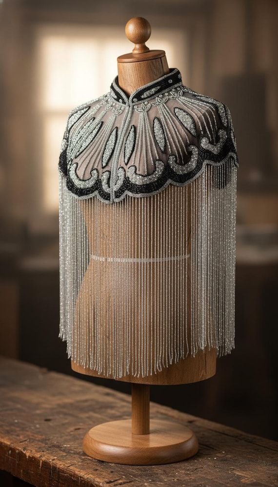 Black Beaded Cape – Art Deco Fan, High Collar, Wedding Cover-Up