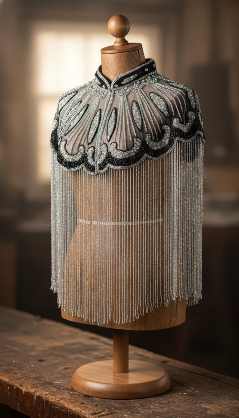 May include: A beaded cape displayed on a wooden mannequin. The cape features a high collar and a detailed design with black and silver beads. Long strands of silver beads cascade down, creating a fringe effect. The mannequin is on a wooden stand.