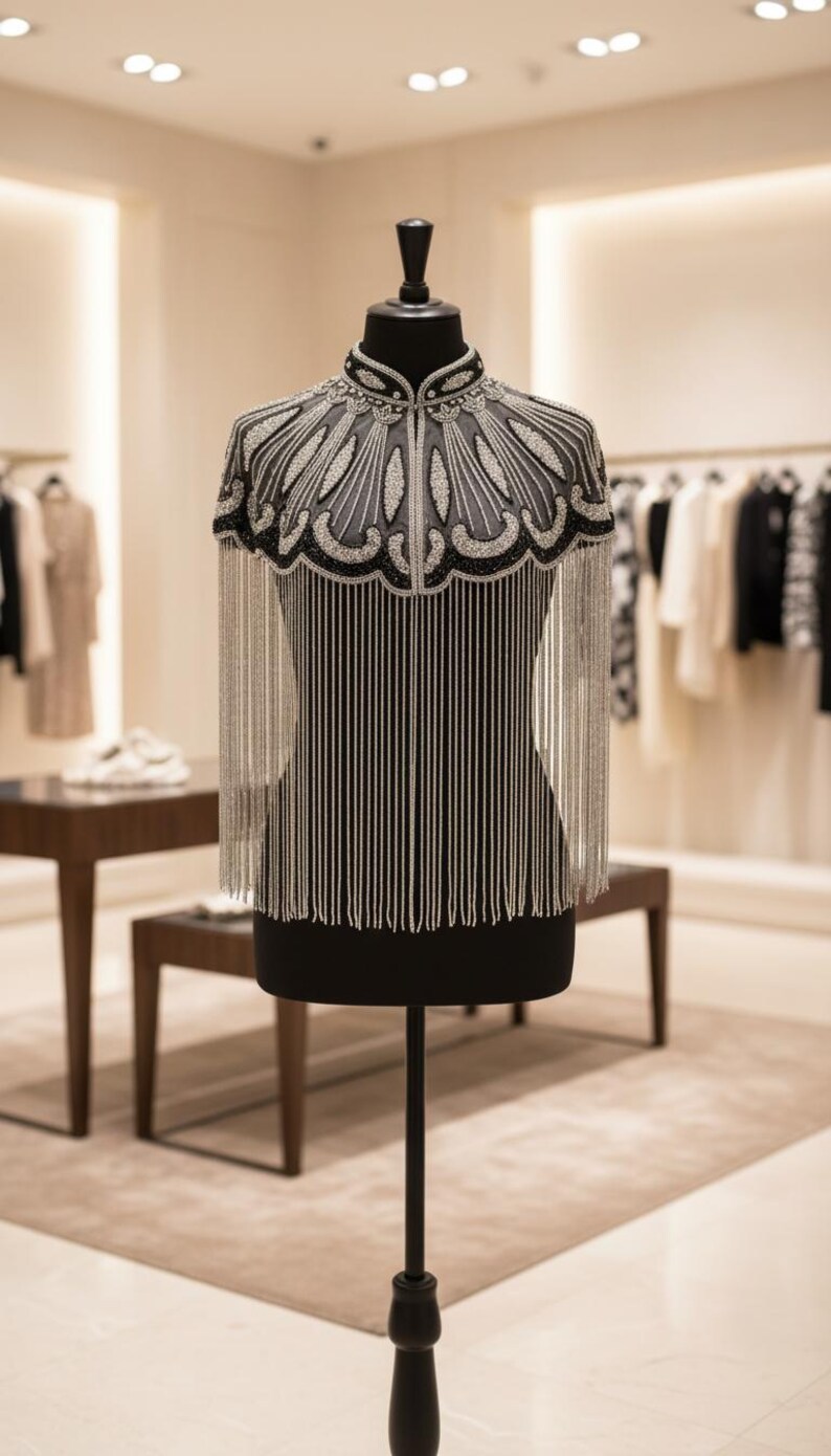 May include: A black mannequin displays a beaded cape with silver fringe. The cape features intricate silver and black beadwork around the neckline and shoulders, with long, vertical fringe. The background shows a clothing store.