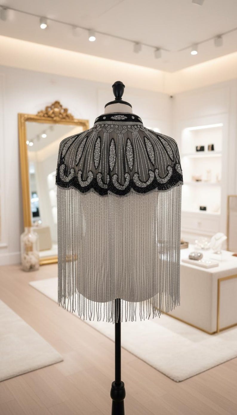 May include: A beaded cape with a high collar and long fringe. The cape is displayed on a mannequin. The collar and edges are black, with silver beading. The fringe is silver. The cape is in a boutique setting.