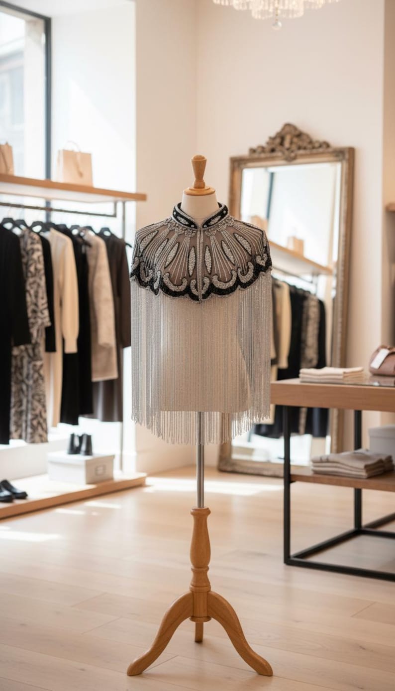 May include: A beaded cape on a wooden mannequin. The cape features a black and silver design around the neckline and shoulders, with long silver fringe. The mannequin is in a boutique setting, with clothing racks and a mirror in the background.