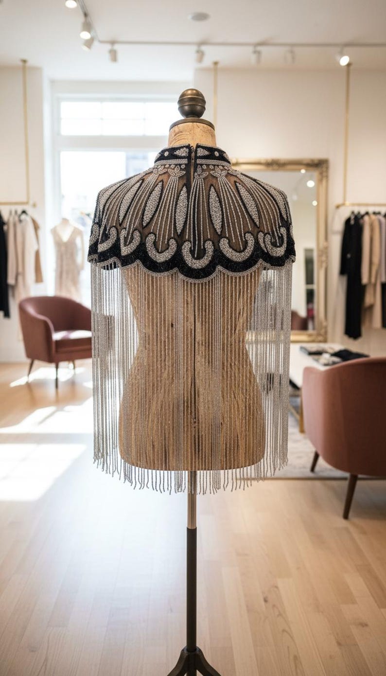 May include: A beaded cape displayed on a mannequin. The cape features a black collar and a scalloped design with silver and clear beads. Long silver fringe hangs from the bottom. The mannequin is in a boutique setting.