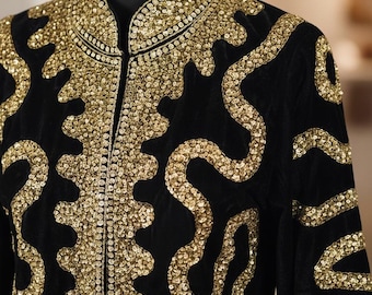 Luxury Women’s Black & Gold Beaded Velvet Jacket – Stand Collar, Open Front, Hand-Embellished, Evening/Party Statement Blazer