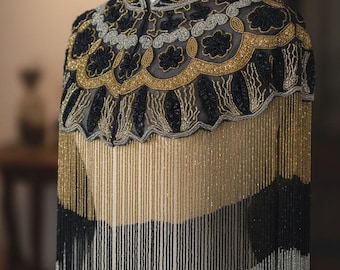Luxury Women’s Black & Gold Beaded Cape with Silver Accents – Floral Embroidery, High Collar, Elegant Wedding And Evening Cover-Up