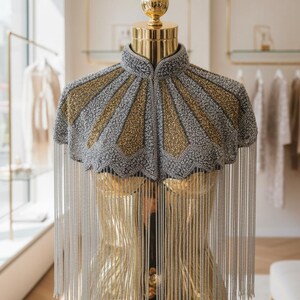 Black Beaded Cape – Art Deco Fan, High Collar, Wedding Cover-Up image 10