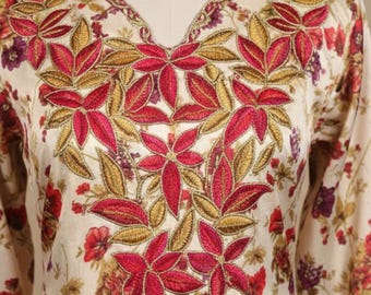 Luxury Floral Abaya Dress | White Kaftan with Red Embroidery, Modest Evening Gown for Eid, Ramadan And Wedding Guest