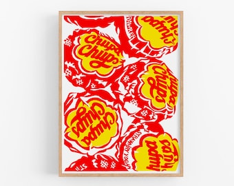 Lollipop art print Candy wall art illustration Colorful kitchen artwork Cute food poster Red yellow pink pop art Fun art print