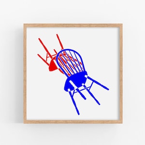 Chair art print Pop art red blue poster Interior design wall art Iconic chairs furniture artwork Minimalist home decor Modern wall decor