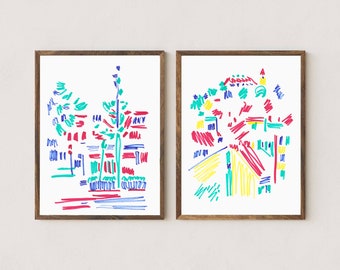 Cityscape print set of 2 Architectural poster Minimal colorful wall art Abstract city fine art print Urban artwork Modern city wall decor