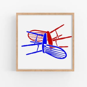 Chair art print Pop art red blue poster Interior design wall art Iconic chairs furniture artwork Minimalist home decor Modern wall decor