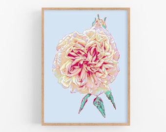 Rose art print Pink floral wall art Botanical poster Blue flower artwork Large colorful wall decor Modern new home gift for her