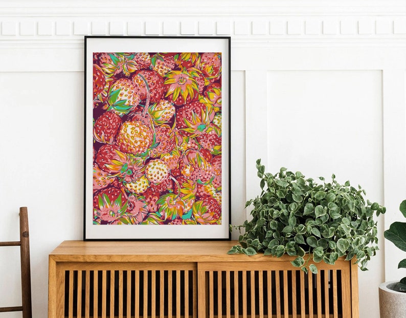 Strawberry graphic art print Fruit wall art Red kitchen artwork Food berry illustration Modern trendy colorful Large graphic art poster image 7