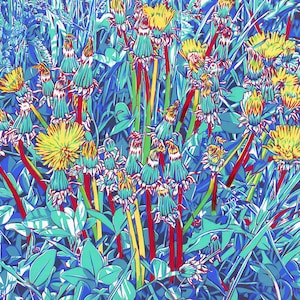 Dipinto di tarassaco, arte floreale originale, arte murale floreale, opera d'arte di campo di fiori selvatici, 20 x 24 cm, pop art, pittura grafica di belle arti di KomarovArt