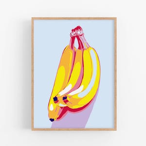 Banana art print Kitchen wall art Food poster Fruit artwork Large colorful wall decor Modern new home gift for her Yellow blue art print