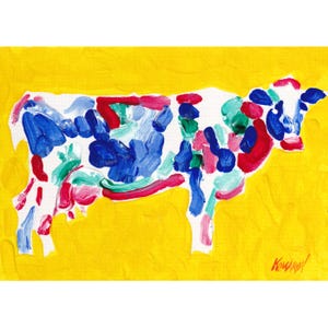 Pintura de vaca Arte original de animal de fazenda Arte de parede pop art Cabeça de vaca colorida Arte de fazenda 5 por 7 Pintura pequena Decoração de parede de fazenda